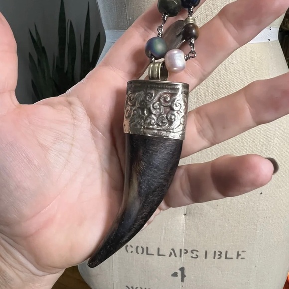 Tibetan Horn Pendant Mixed Gemstones Vintage Kuchi Coins Charms Gypsy Boho - Picture 3 of 5